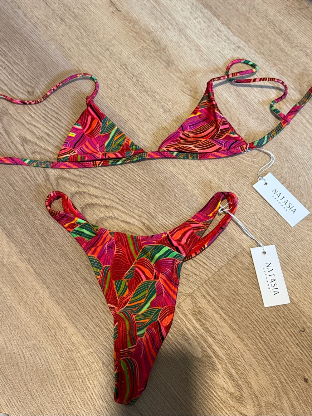 NWT Natasia Swim “Mastella” Red Leaf Tropical Triangle Bikini